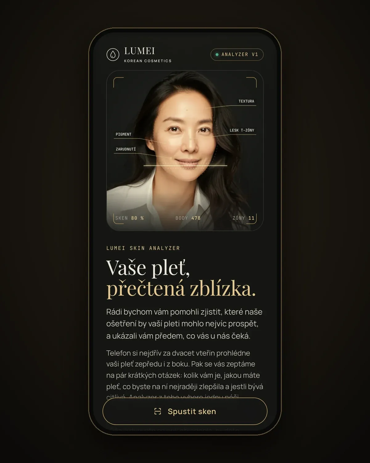 Úvodní obrazovka skeneru pleti Lumei Skin Analyzer v mobilu
